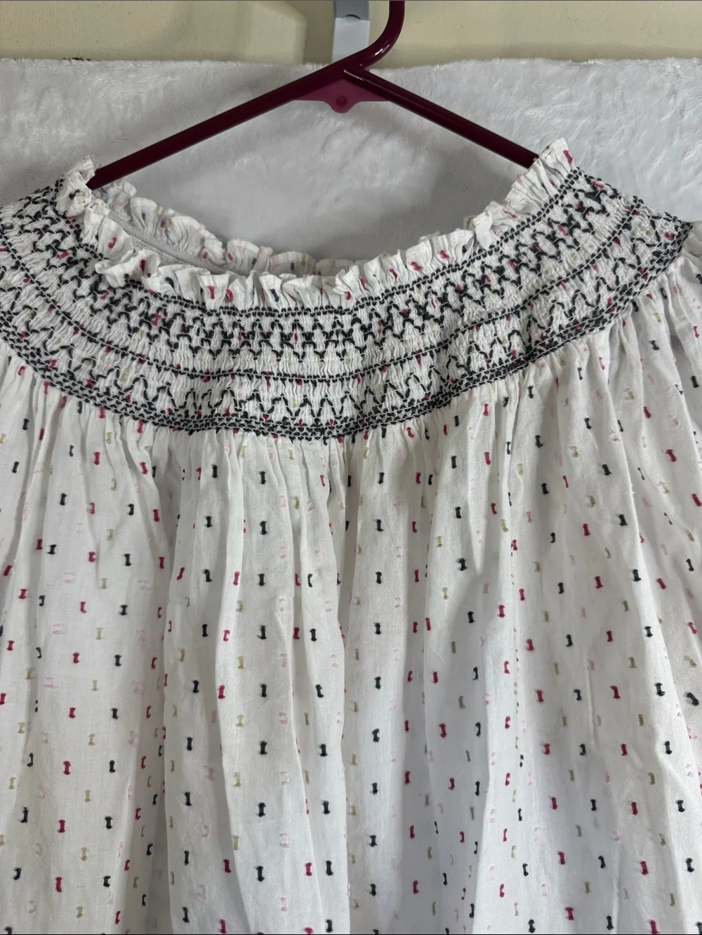 Loft White Smocked Puff Sleeve Top with Pink & Black Dot Detail